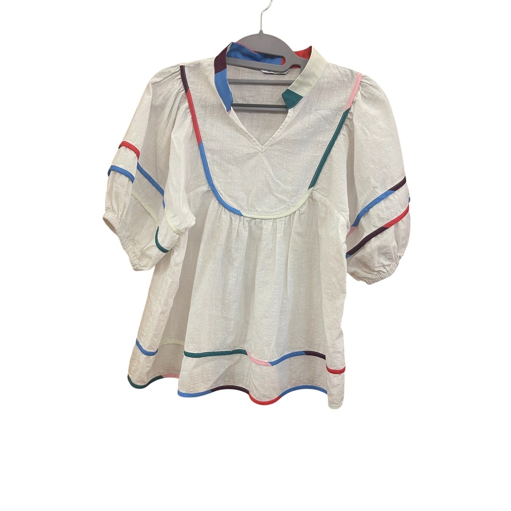 Cicy Bell White Rainbow Trim Puff Sleeve Babydoll Blouse S Peasant Boho Prairie